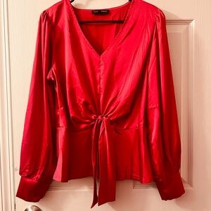 Elegant Red Satin Blouse with Tie Front